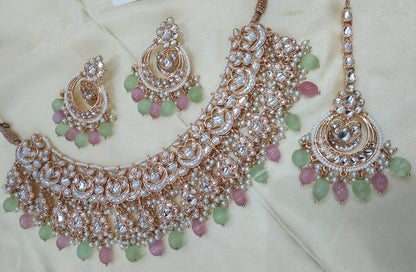 Kirna Pista pink kundan Indian Necklace Jewellery Set