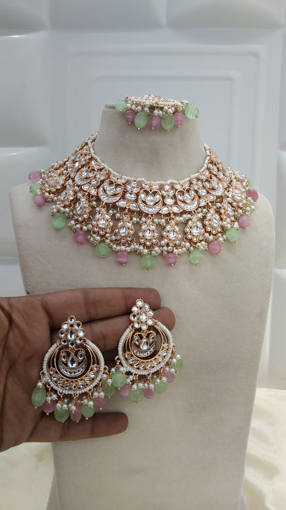 Kirna Pista pink kundan Indian Necklace Jewellery Set