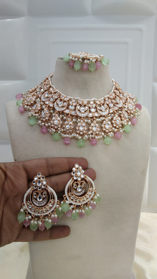 Kirna Pista pink kundan Indian Necklace Jewellery Set