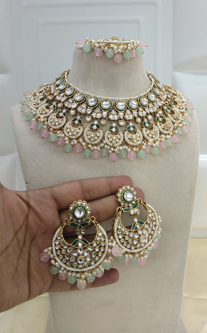 Kusam Pista Pink kundan Indian Necklace Jewellery Set
