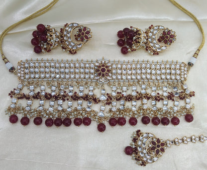 Kashmir Maroon kundan Indian Choker Jewellery Set