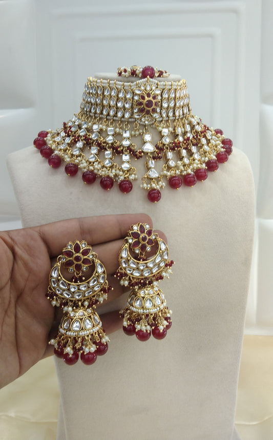 Kashmir Maroon kundan Indian Choker Jewellery Set