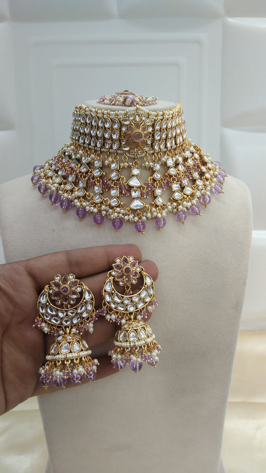 Kashmir Lavender kundan Indian Choker Jewellery Set