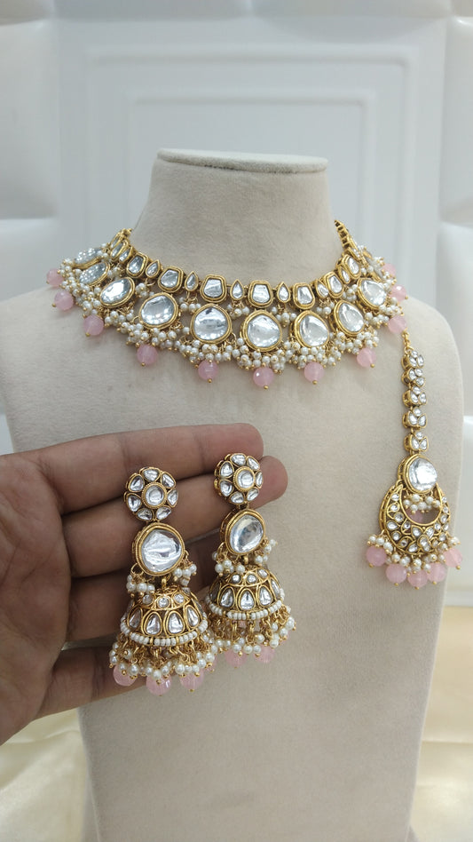Lavi Baby Pink kundan Indian Necklace Jewellery Set