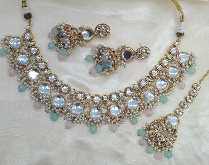 Lavi Pista Pink kundan Indian Necklace Jewellery Set