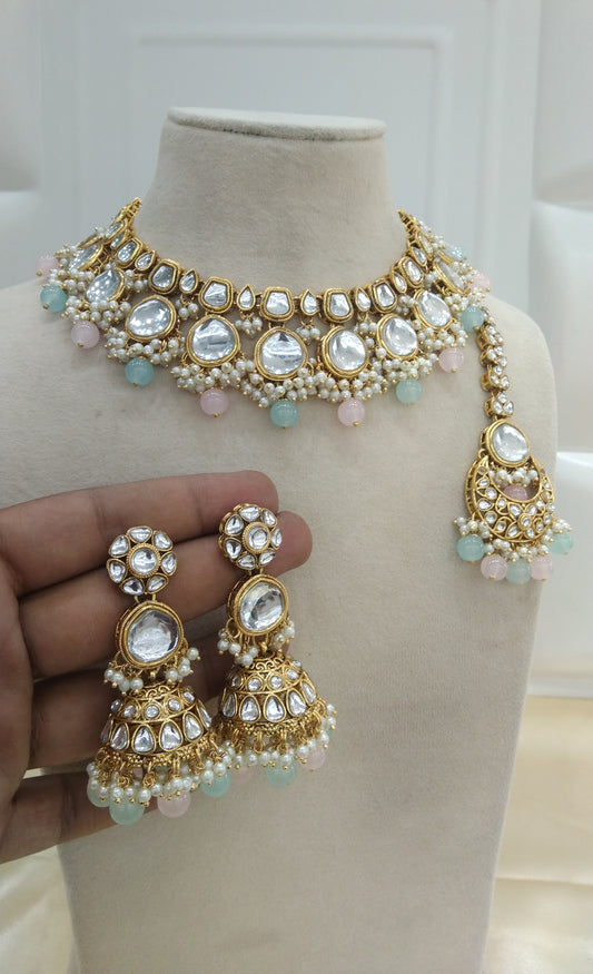 Lavi Pista Pink kundan Indian Necklace Jewellery Set