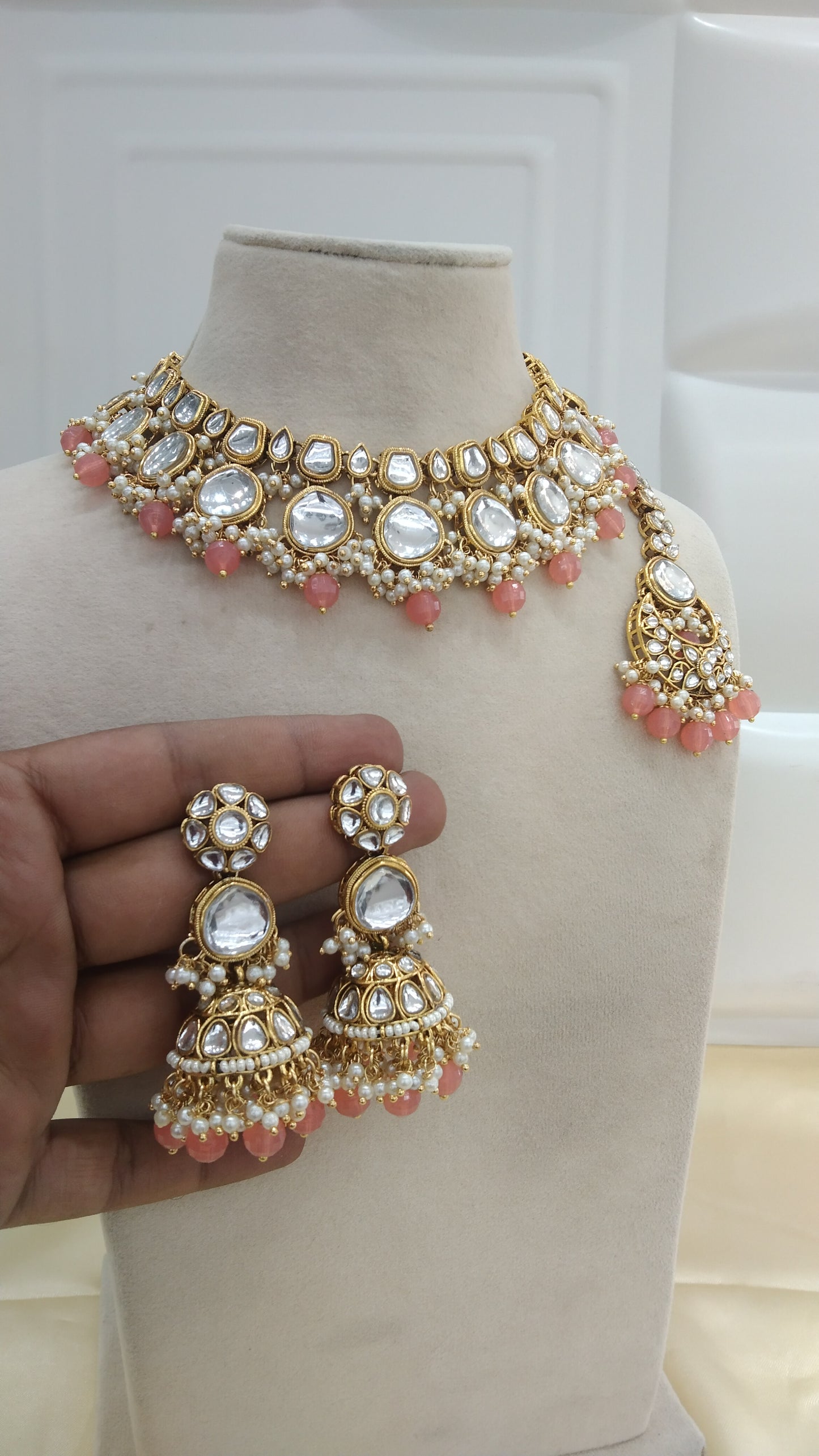 Lavi Orange kundan Indian Necklace Jewellery Set