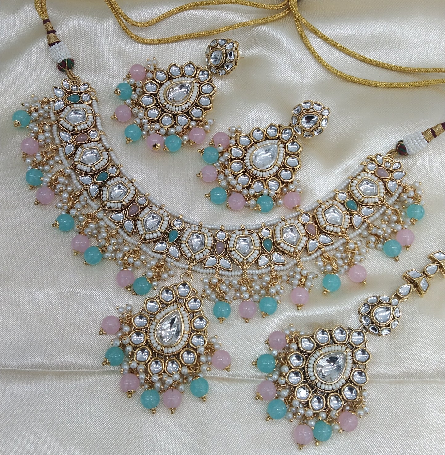 Mannu Sky Blue Pink kundan Indian Necklace Jewellery Set