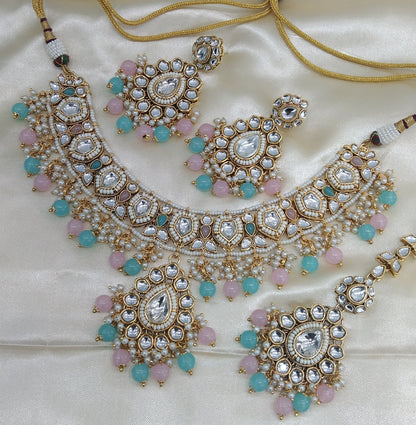 Mannu Sky Blue Pink kundan Indian Necklace Jewellery Set