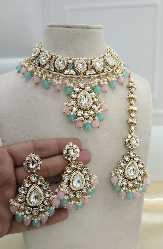 Mannu Sky Blue Pink kundan Indian Necklace Jewellery Set