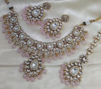 Mannu Sky Blue Pink kundan Indian Necklace Jewellery Set