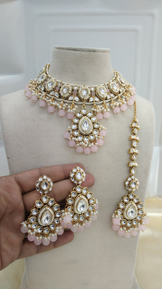 Mannu Sky Blue Pink kundan Indian Necklace Jewellery Set