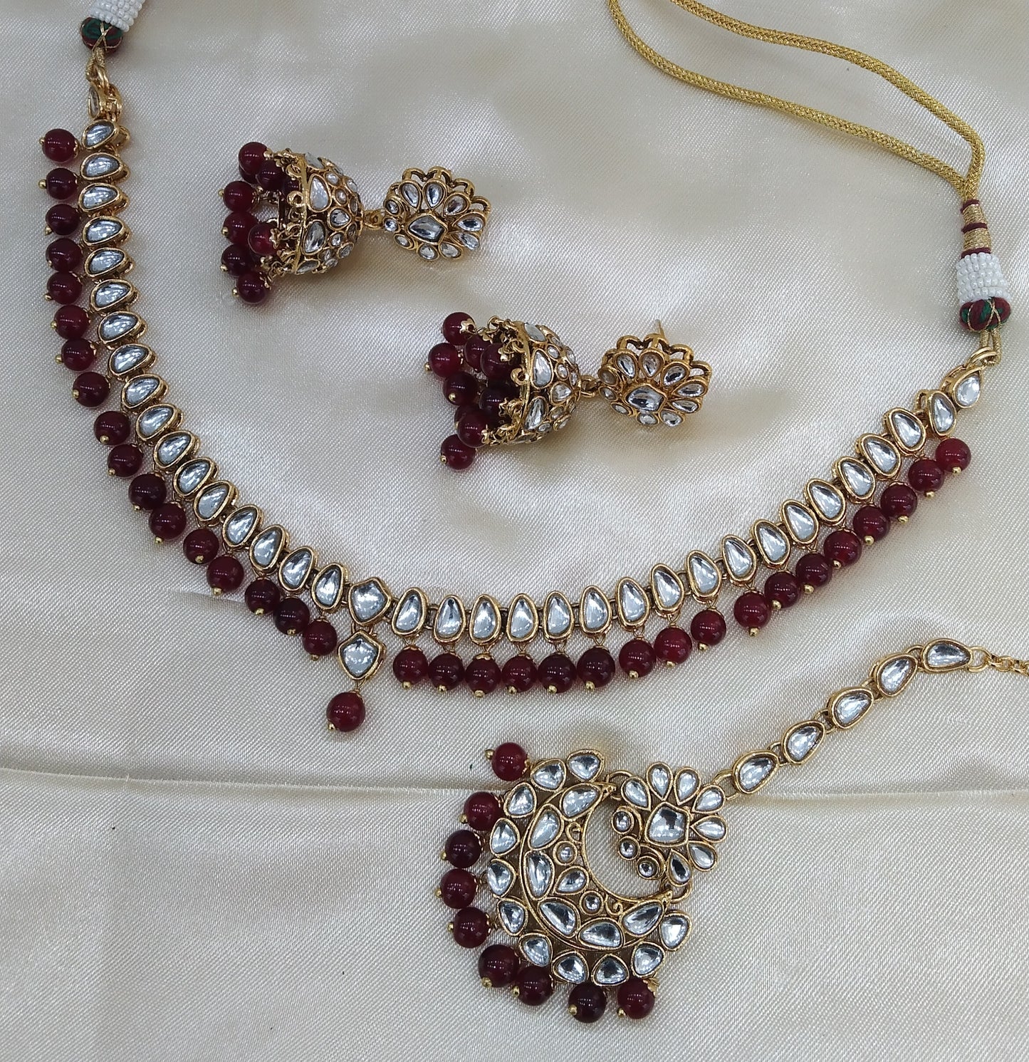 Lovpreet Maroon kundan Indian Necklace Jewellery Set