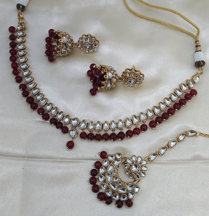 Lovpreet Maroon kundan Indian Necklace Jewellery Set