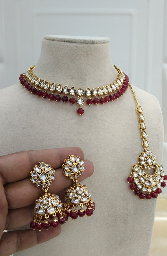 Lovpreet Maroon kundan Indian Necklace Jewellery Set