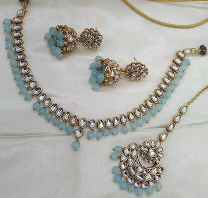 Lovpreet Sea Green kundan Indian Necklace Jewellery Set