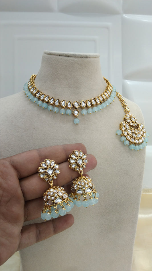 Lovpreet Sea Green kundan Indian Necklace Jewellery Set