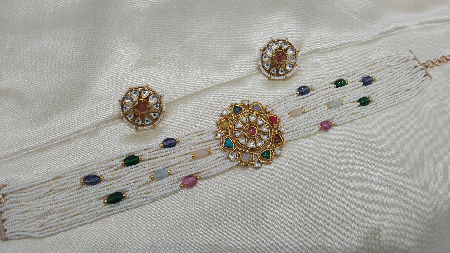 Nimo Multicolor kundan Indian Choker Jewellery Set