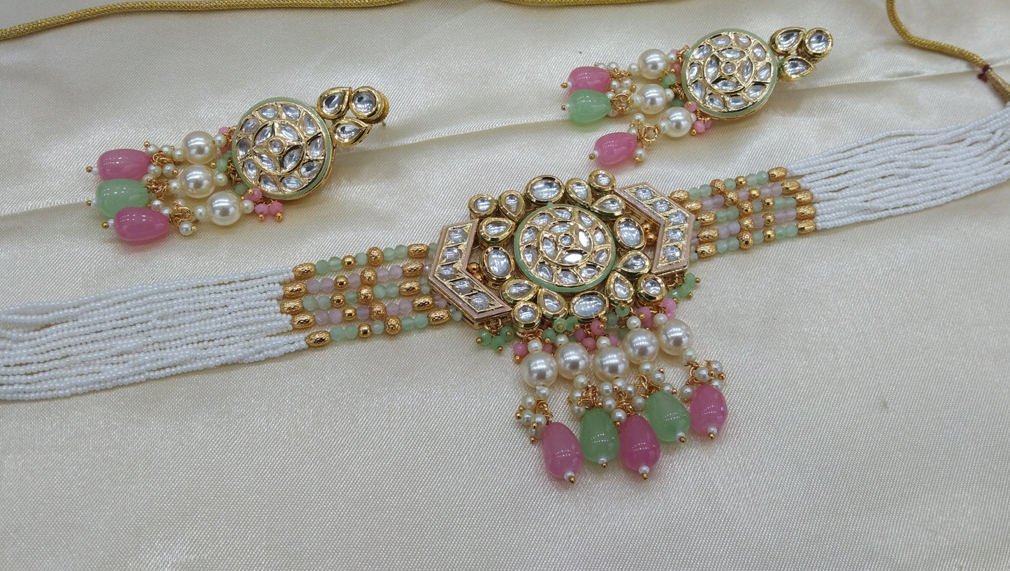 Nimo Pista Pink kundan Indian Choker Jewellery Set