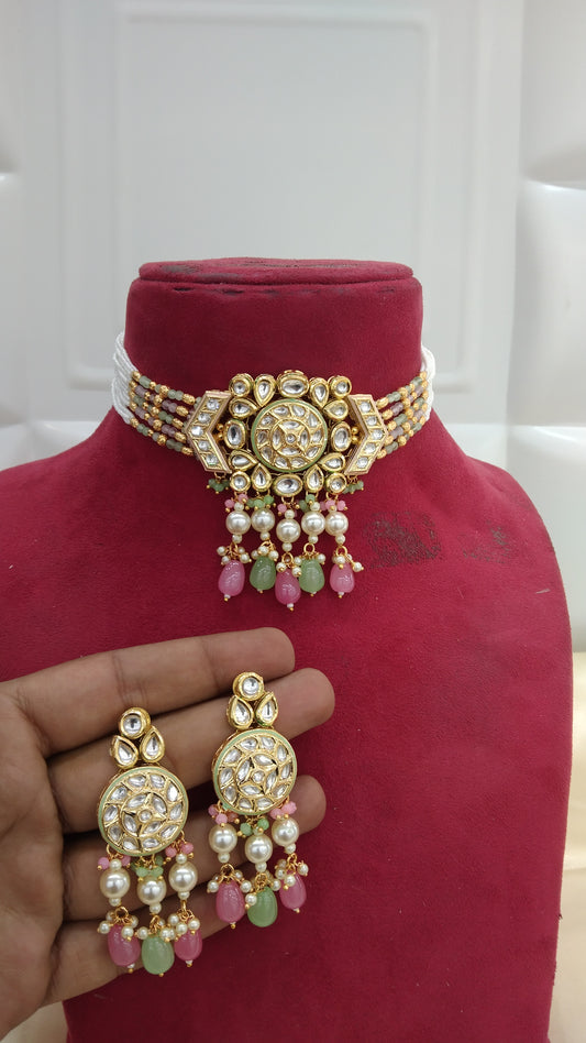 Nimo Pista Pink kundan Indian Choker Jewellery Set