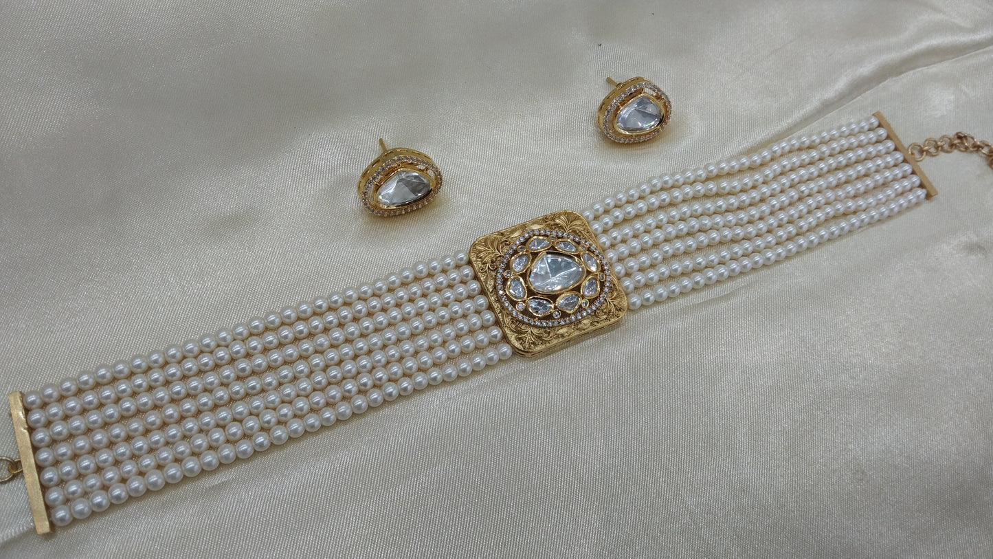 Nimo Gold white  kundan Indian Choker Jewellery Set
