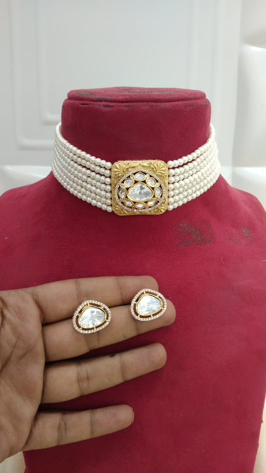 Nimo Gold white  kundan Indian Choker Jewellery Set