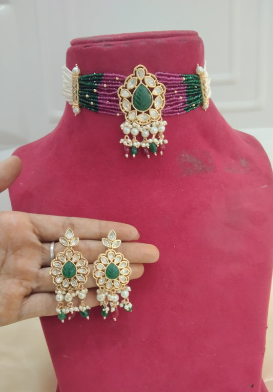 Navi Ruby Green kundan Indian Choker Jewellery Set
