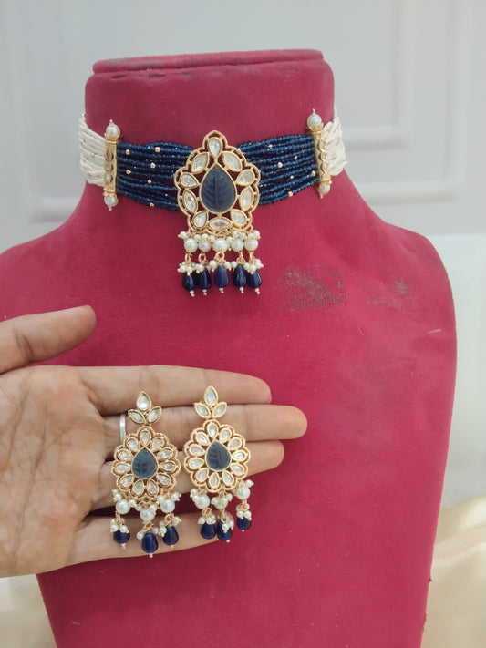 Navi Navy blue kundan Indian Choker Jewellery Set
