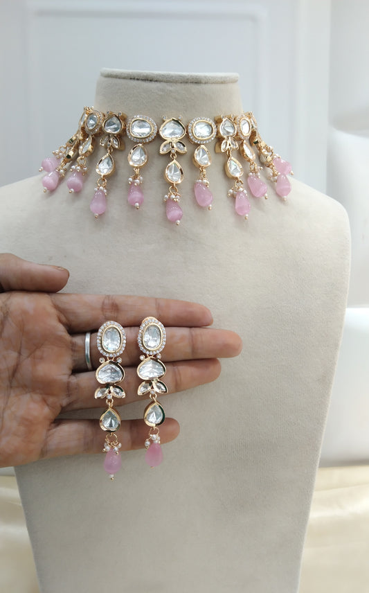 Naina Baby Pink kundan Indian Choker  Jewellery Set