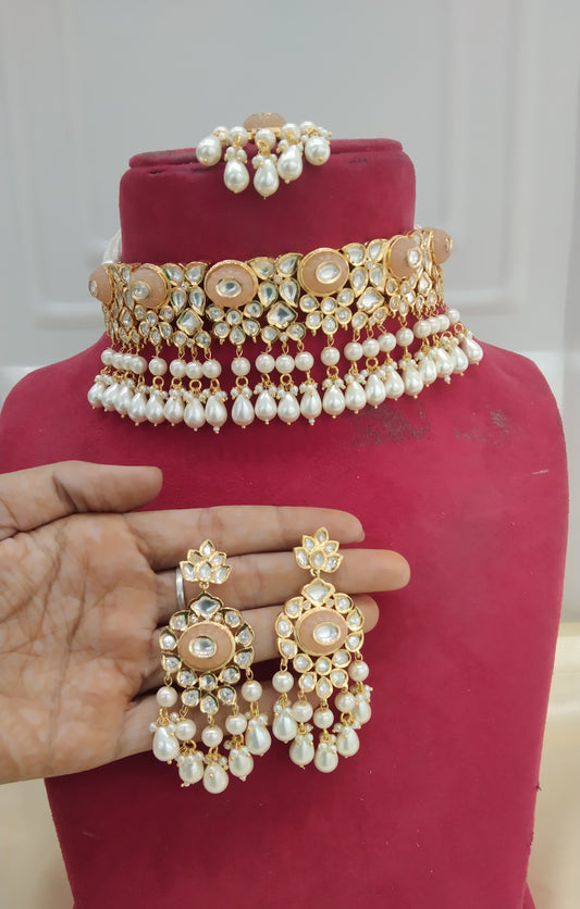 Neeru Peach kundan Indian Choker Jewellery Set
