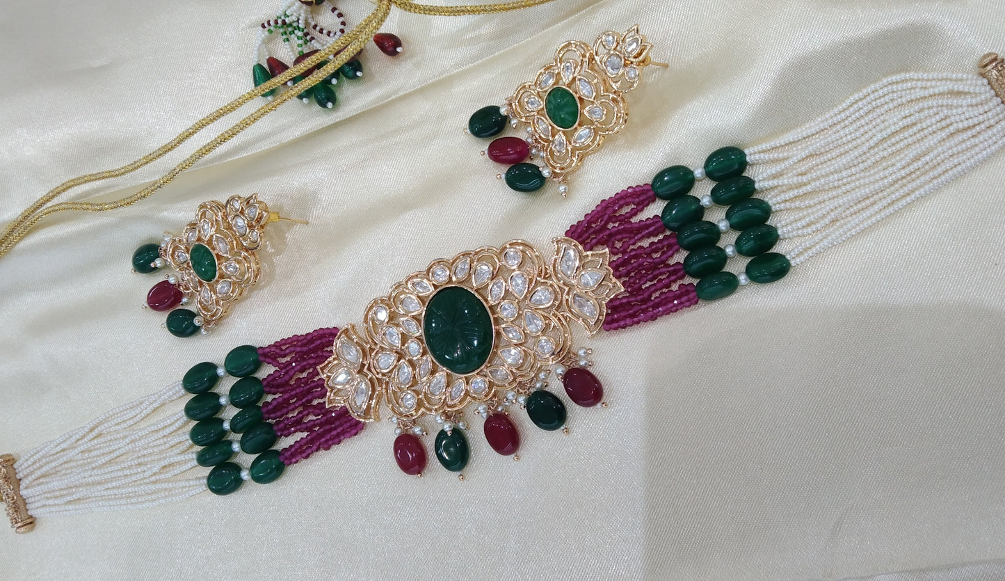 Nikk Ruby Green kundan Indian Choker Jewellery Set