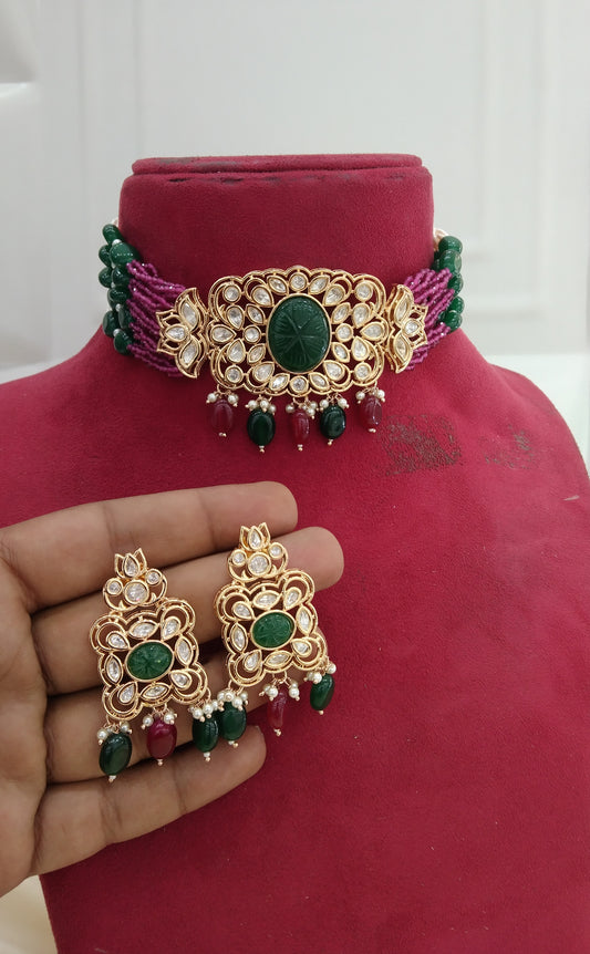 Nikk Ruby Green kundan Indian Choker Jewellery Set