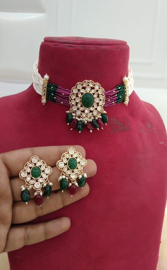 Nikk Ruby Green kundan Indian Choker Jewellery Set