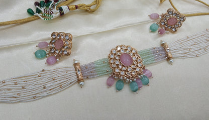 Nikk Sea Green Pink kundan Indian Choker Jewellery Set