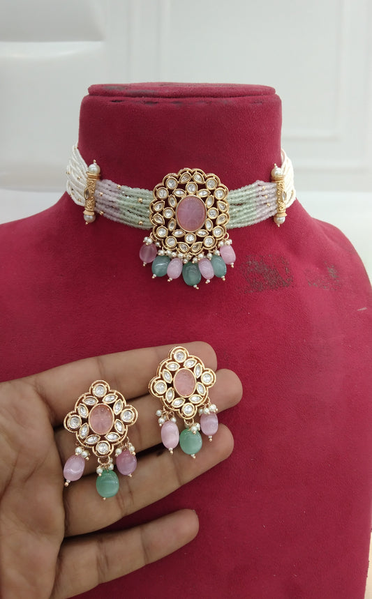 Nikk Sea Green Pink kundan Indian Choker Jewellery Set