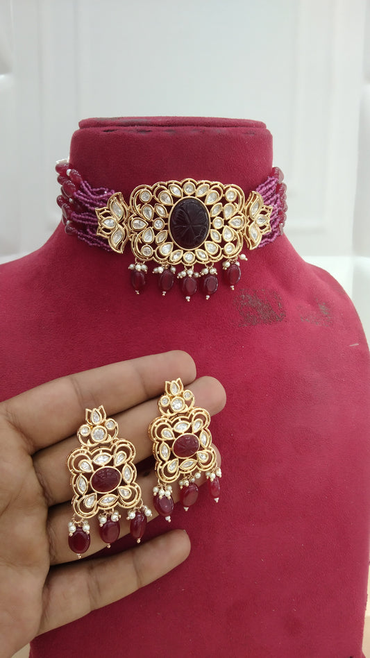 Nikk Maroon kundan Indian Choker Jewellery Set
