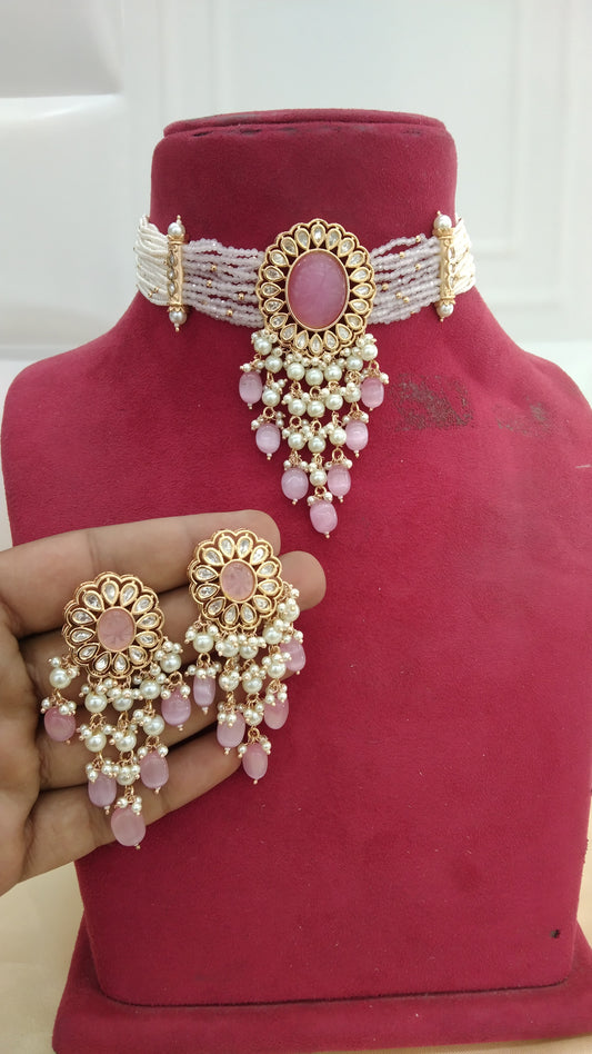 Nikk Baby Pink kundan Indian Choker Jewellery Set