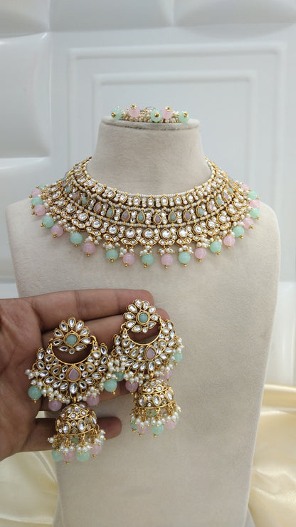 Nuri Pista Pink kundan Indian Necklace Jewellery Set