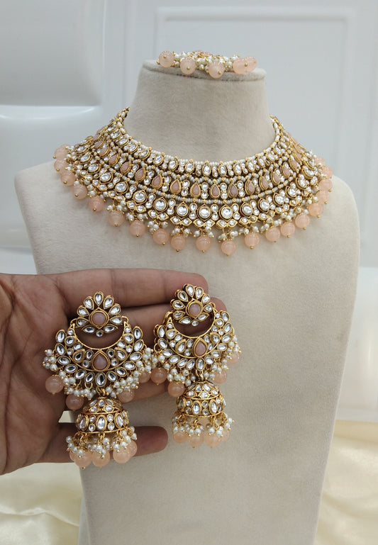Nuri Peach kundan Indian Necklace Jewellery Set