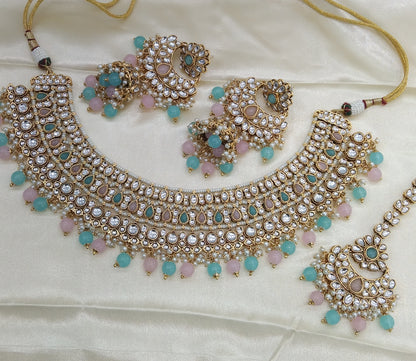 Nuri Sky blue Pink kundan Indian Necklace Jewellery Set