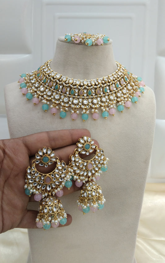 Nuri Sky blue Pink kundan Indian Necklace Jewellery Set