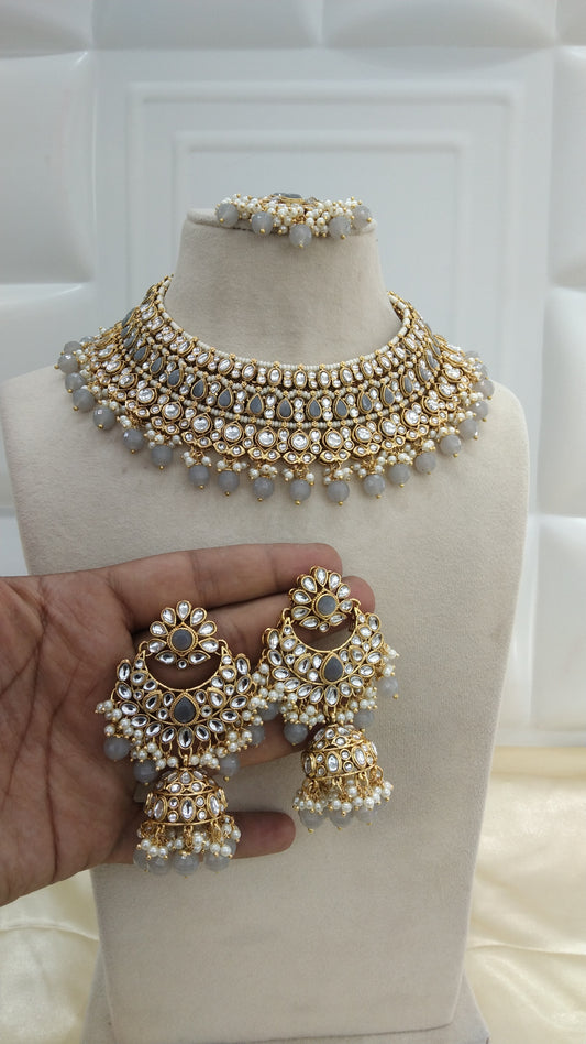 Nuri Grey kundan Indian Necklace Jewellery Set