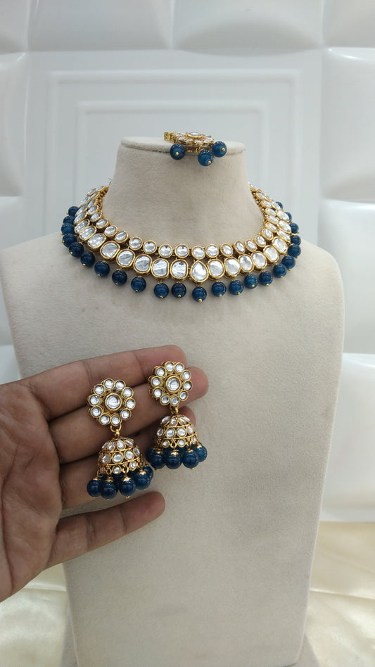 Oma Navy blue kundan Indian Choker Jewellery Set