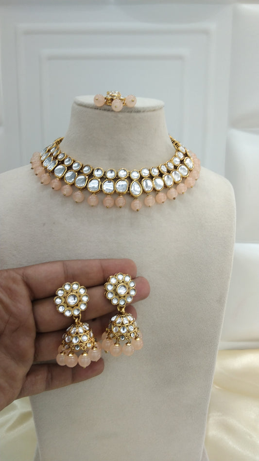 Oma Peach kundan Indian Choker Jewellery Set