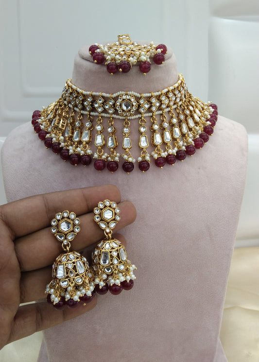Orignal Maroon kundan Indian Choker Jewellery Set
