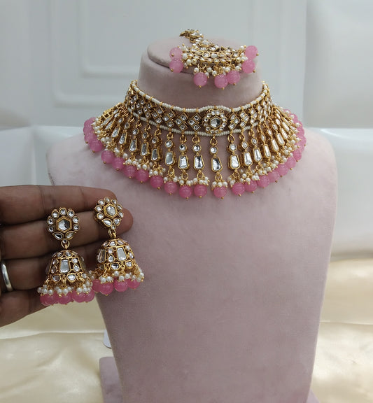 Orignal Pink kundan Indian Choker Jewellery Set
