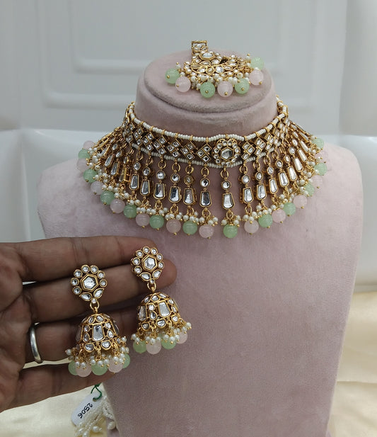 Orignal Pista Pink kundan Indian Choker Jewellery Set
