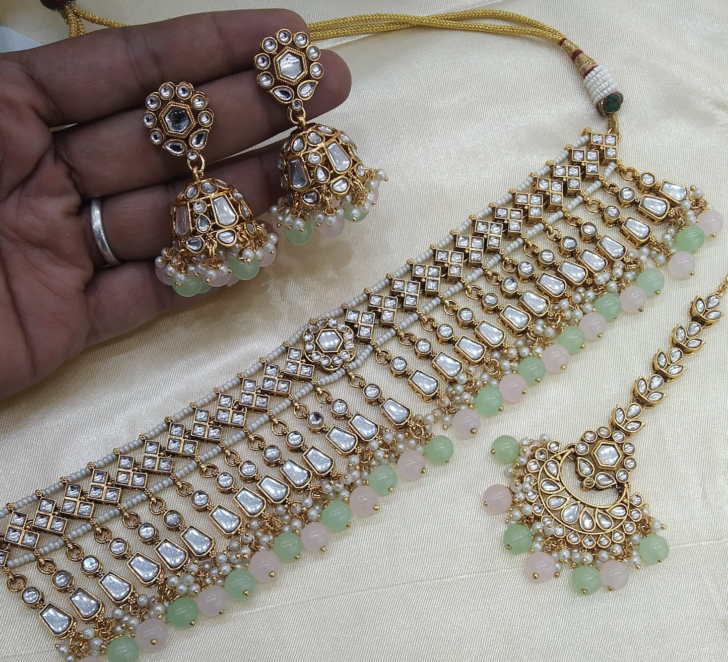 Orignal Pista Pink kundan Indian Choker Jewellery Set