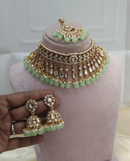 Orignal Pista kundan Indian Choker Jewellery Set