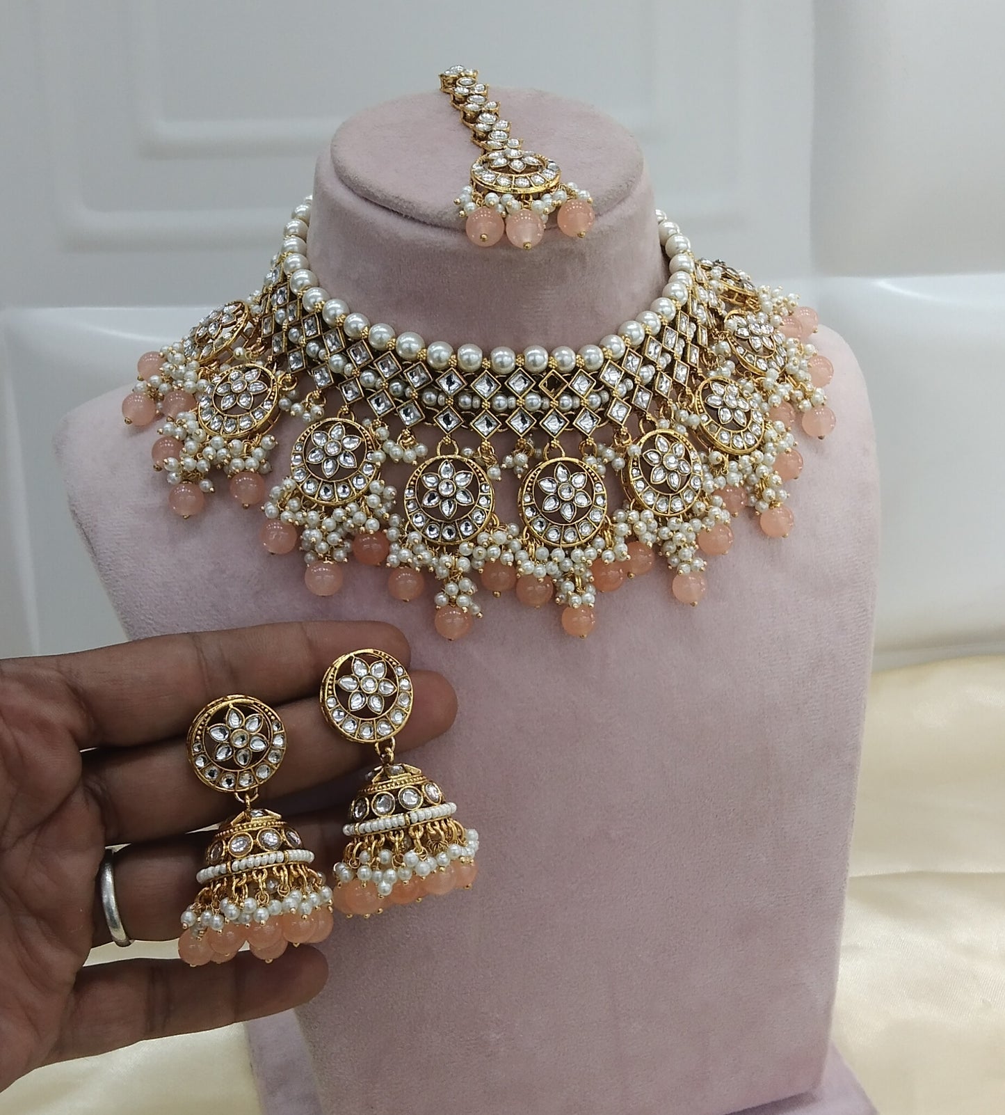 Pride Peach kundan Indian Necklace Jewellery Set
